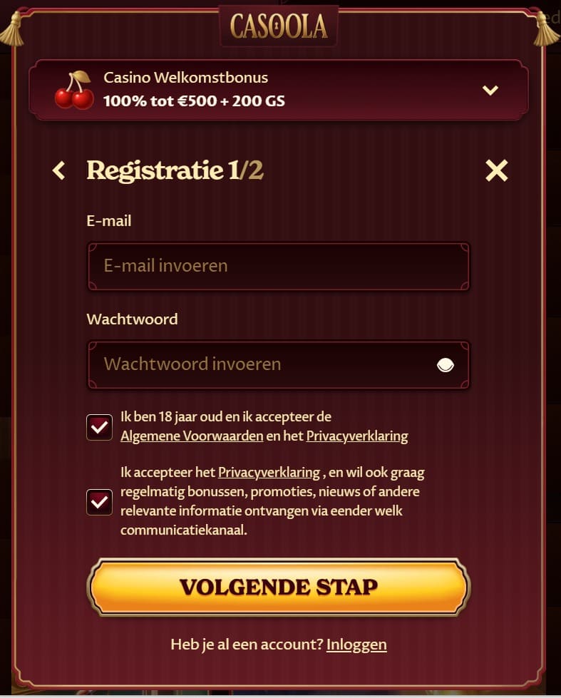 Gratis registratie pagina van Casoola Casino met aanmeldformulier
